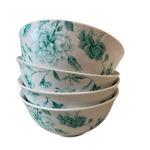 Martha Stewart Chinoserie  Porcelain Cereal Bowls 6" Set of 4 Teal Floral NEW
